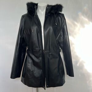 Massini Vintage Y2K hooded fur trim leather jacket